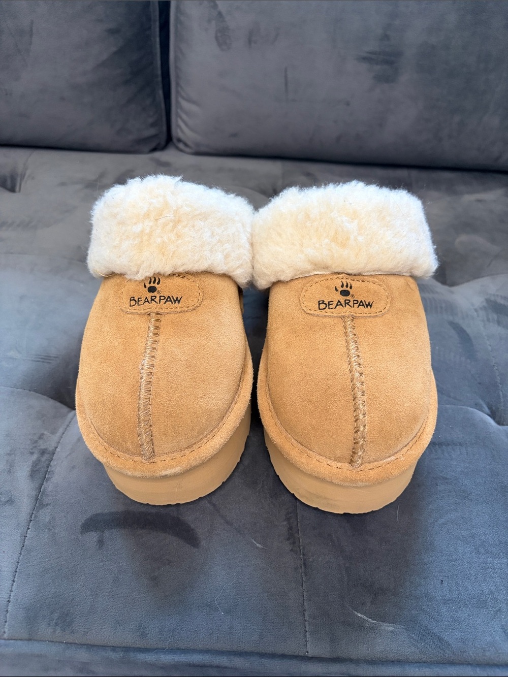 BearPaw Tan Suede Shearling Cuff Slip-On Slippers